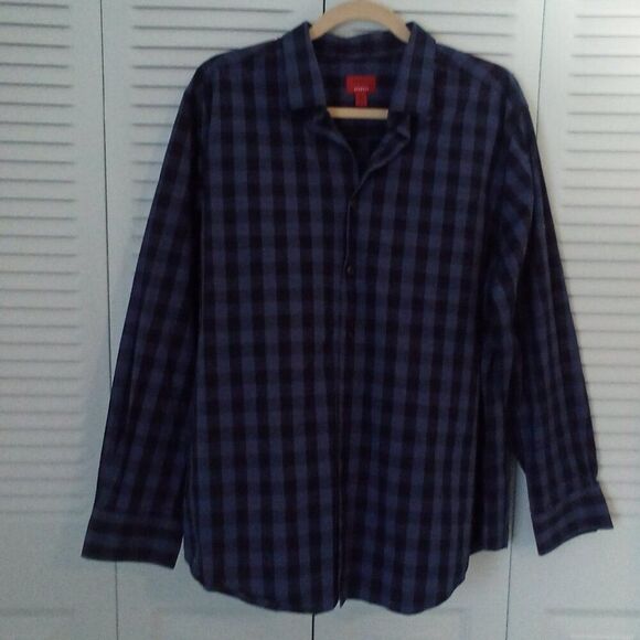 ALFANI SLIM FIT STRETCH XL 17.5" x 35" COTTON BUTTON UP BLUE BLACK BUFFALO CHECK - Picture 1 of 7